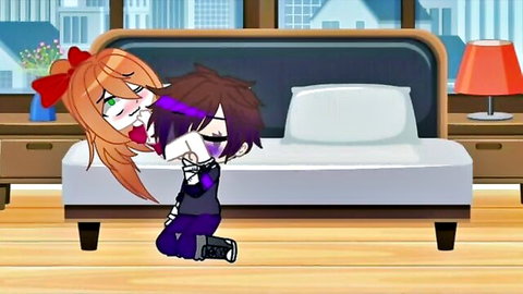Orange-haired anime girl passionately tongue-kissing purple-haired boy on bed in bedroom cartoon