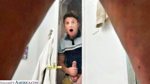 Kiera King peeks from shower with massive jugs, inviting surprised friend for wet fun
