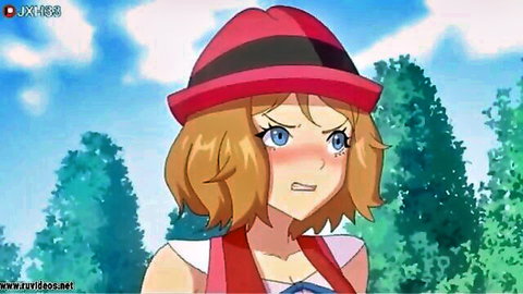 Blushing Serena from Pokemon in red hat and skirt, anime hentai tease