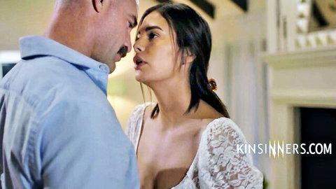 Violet Rain in revealing lace dress close to stepdad