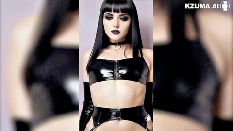Gothic femboy in shiny black latex bralette and garters, seductive pose
