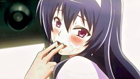 Anime maid with purple hair, cum on face after naughty blowjob in outfit