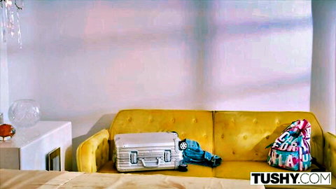 Stunning babe in sundress prepping for anal with suitcase and toys on sofa
