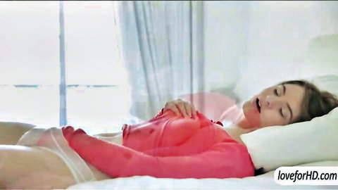Alice March sensual morning bed scene in pink top and white panties