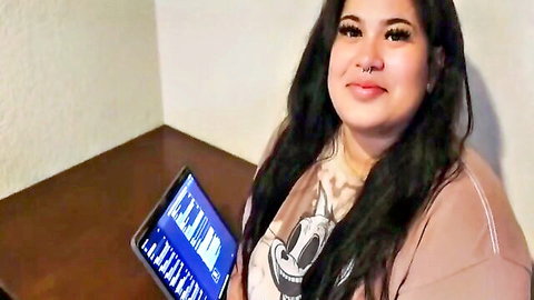 Curvy Latin BBW smiling with tablet, teasing for hot anal action