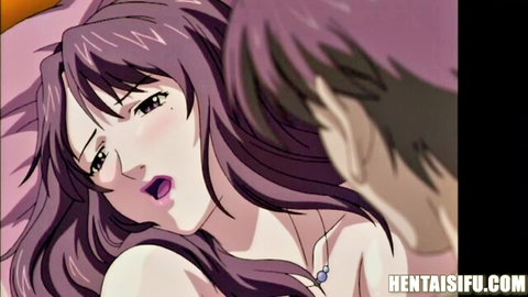 Hentai babe with purple hair tongue out in ecstasy as guy fucks her from behind closeup