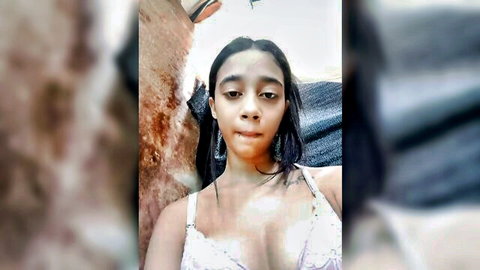 Petite mixed teen in sheer lace bra exposing small perky tits in closeup selfie