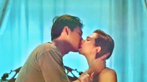 Jela Cuenca topless kissing Asian hunk in steamy sex movie scene