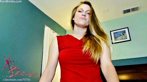 Blonde MILF in red dress teasing with deep cleavage and big tits POV