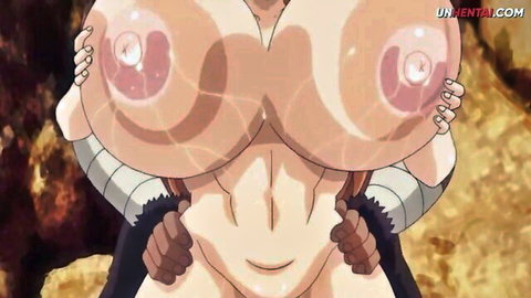 Anime hentai girl with massive bare tits and erect nipples groped hard by hands from behind