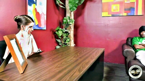 Bunny Freedom in office with black man, teasing manhandling scene