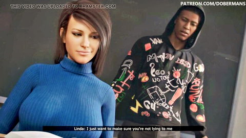 Busty brunette Linda in tight sweater confronts black guy in graffiti hoodie about lying
