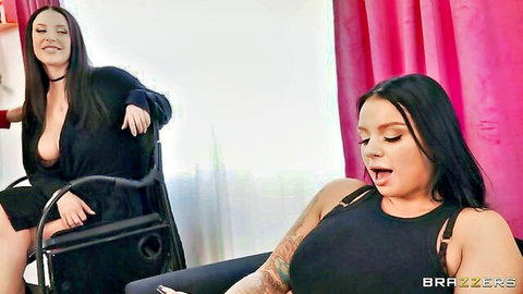 Two curvy brunettes with huge tits and deep cleavage teasing seductively on chair and couch