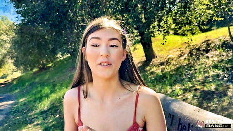 Ali Jones gorgeous teen in red dress, outdoor smile tease