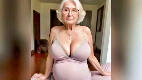 Pregnant GILF in pink lingerie showing creamy cleavage