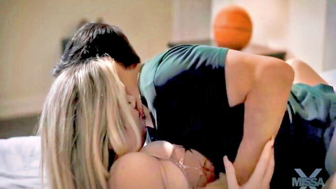 Ashley Alexander passionately kissing Alex Mack in bed