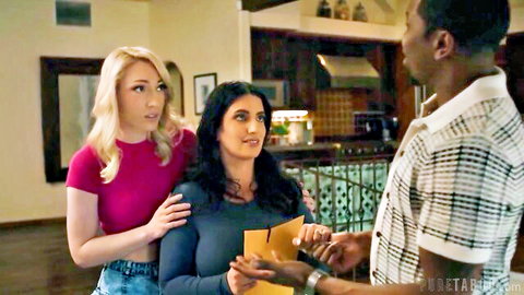 Lily Labeau and brunette in tense talk with black man, hot threesome tease