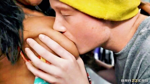 Jordyn Falls and Gaby Ortega kiss Bodega Bro's chest in steamy threesome