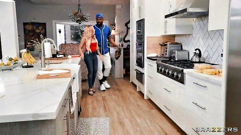 Willow Ryder and Vivianne DeSilva threesome with black coach, steamy kitchen tease