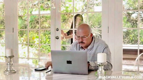 Aaliyah Hadid in steamy encounter with bald man at desk, Black Valley Girls