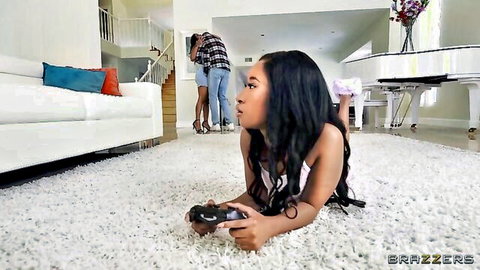 Mini Stallion in lingerie plays games in teasing threesome setup