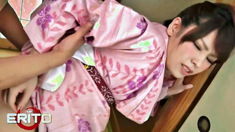 Petite Asian housewife in pink kimono groped intimately