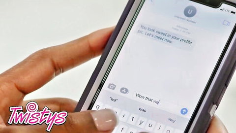 Natasha Nice & Hazel Grace flirty phone text in strap-on lesbian tease
