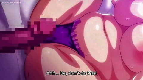 Anime hentai girl with massive pink tits in purple lingerie, censored penetration scene