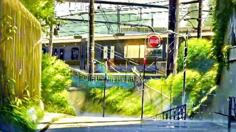 Serene Japanese urban train station scene with greenery and stairs