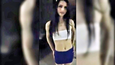 Skinny black-haired tranny teen in white tube top and blue mini skirt, POV homemade tease