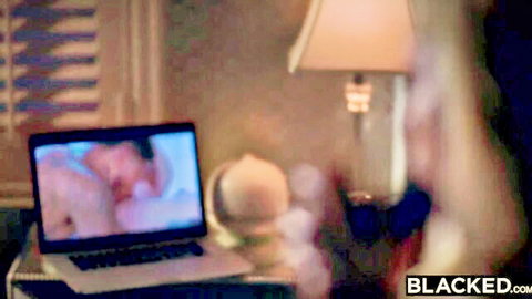 White babe deepthroating massive BBC with saliva dripping in intense blowjob on laptop screen