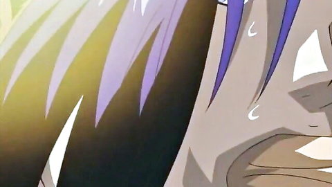 Purple-haired anime hentai girl crying tears streaming down her distressed face