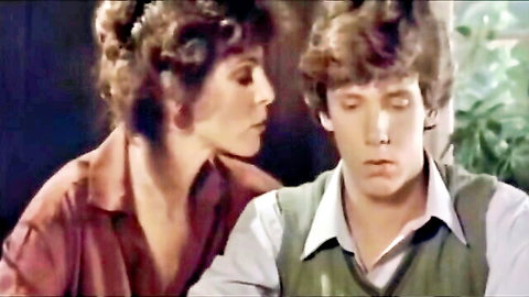 Vintage brunette MILF mom seduces young son whispering intimately in taboo scene