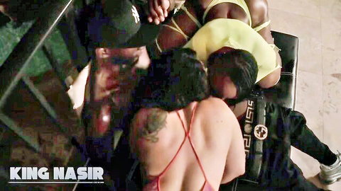Curvy black MILFs with big asses and tits deepthroating in wild group scene