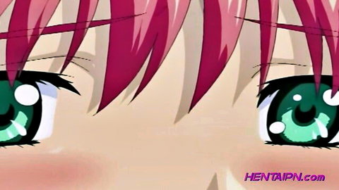 Blushing hentai anime girl with pink hair and wide green eyes