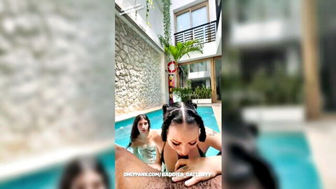 Slim pretty Latina and brunette share BBC in wild poolside threesome