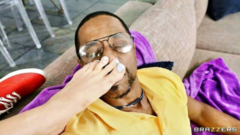 Wendy Raine teases black stud with her foot in steamy Brazzers scene