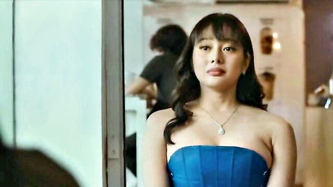 Asian star Hershie De Leon in sexy blue dress, teasing cleavage