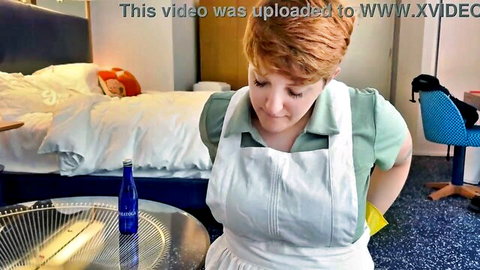 Curvy redhead MILF in sexy maid apron and gloves cleaning in POV casting