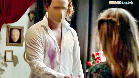 Jane Jones in steamy erotic scene with handsome stud in open shirt and wine stain