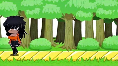 Anime black-haired girl in orange top and skirt on yellow path in forest