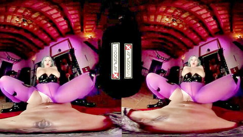 Busty white-haired slut in pink latex uniform spreads legs in VR porn