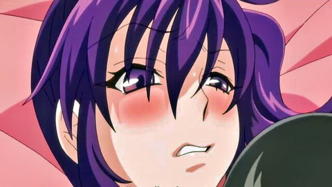 Purple-haired anime babe with flushed cheeks and teary eyes in ecstasy, huge tits pounded uncensored