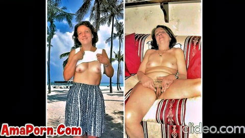 Brunette mature topless on beach, nude spreading legs touching pussy