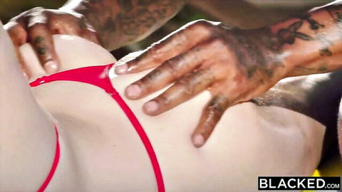 Skye Blue's ass in red thong grabbed by Jason Luv's tattooed hands