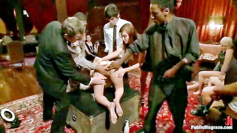 Blonde tied up and humiliated at kinky dinner party with multiple men