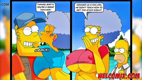 Simpsons parody: Homer kissing busty Marge on fishing trip orgy