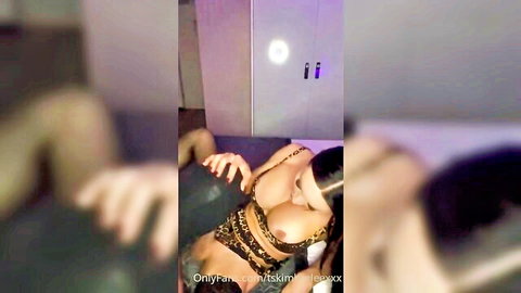 TS Kimberlee in leopard lingerie exposing big tits during intense oral scene