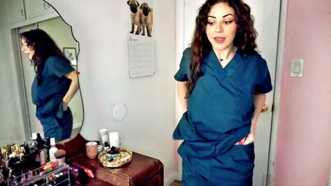Goddess Fiona in tight nurse scrubs, dominating POV with massive tits