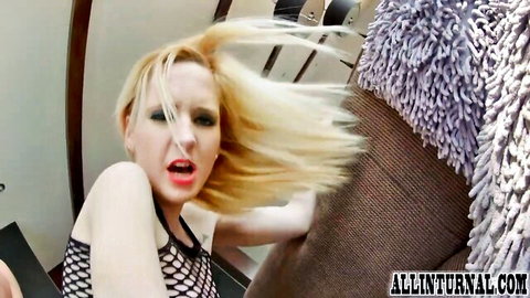 Blonde babe in fishnet top with exposed tits screams with hair flying in rough action